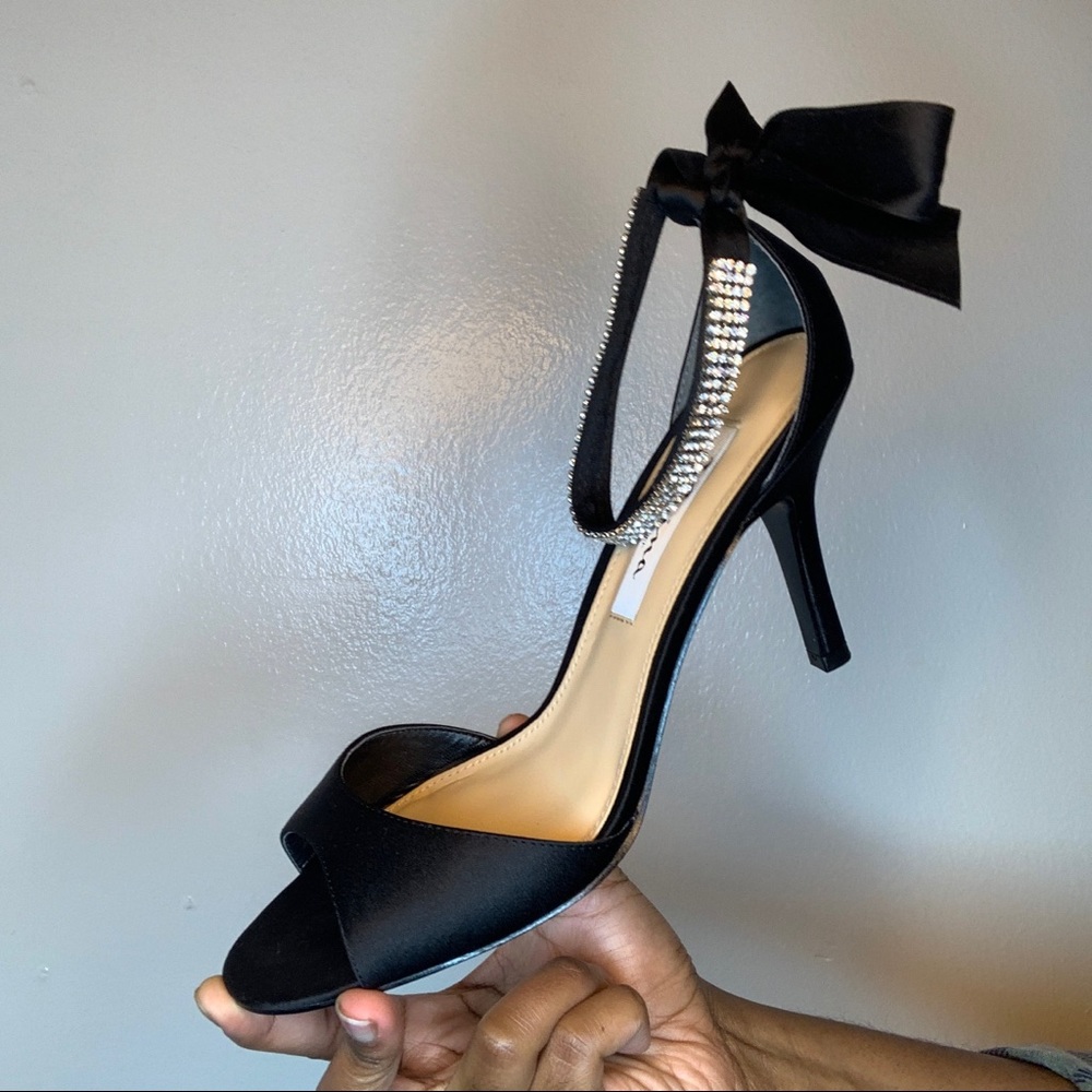 Satin Black Diamond Sandal Heels